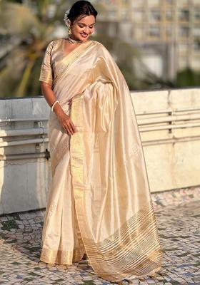 Cream Woven Design Cotton Saree Set