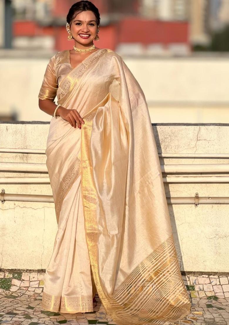 Cream Woven Design Cotton Saree Set - Indya
