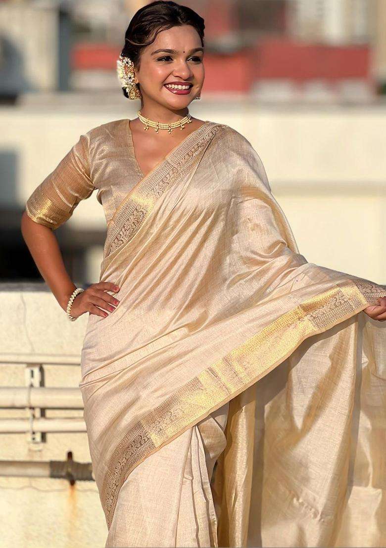 Cream Woven Design Cotton Saree Set for Diwali | Wedding & Festive Wear - Indya