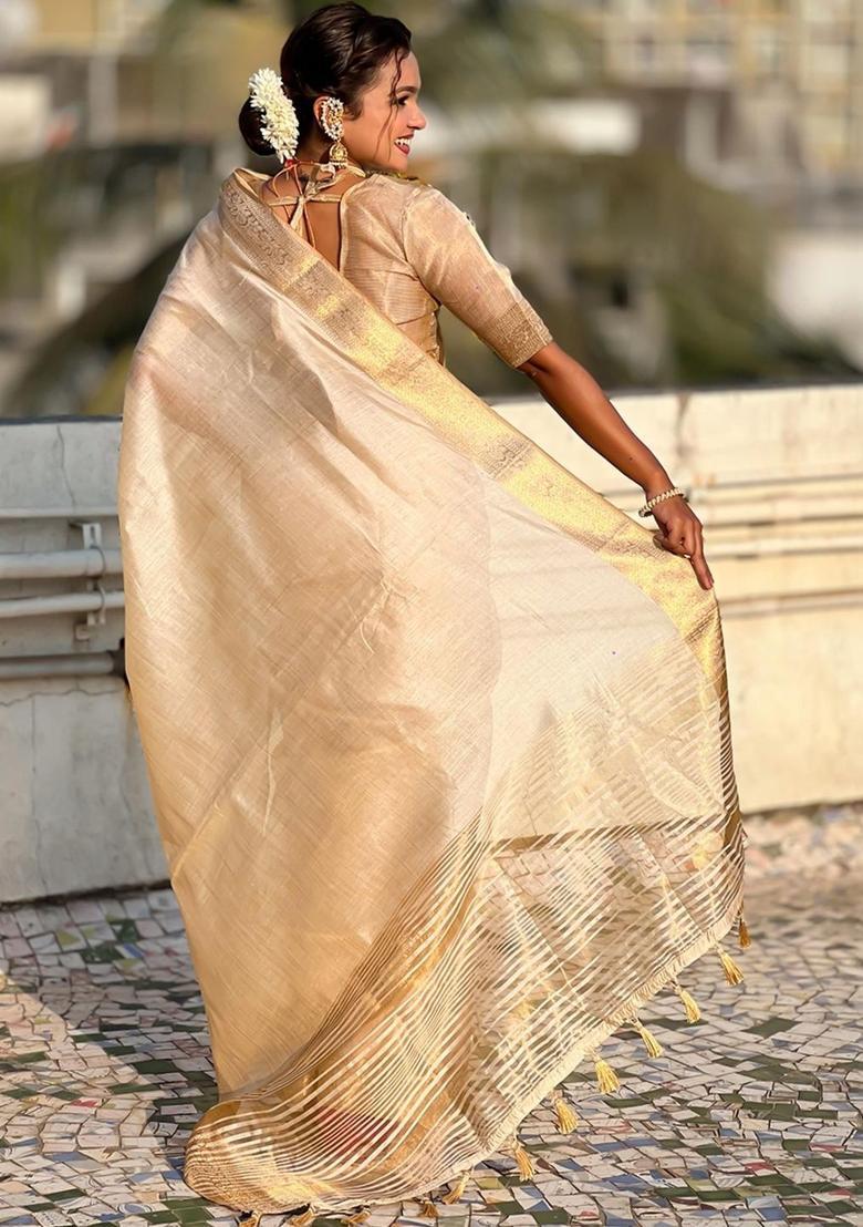 Cream Woven Design Cotton Saree Set - Indya
