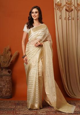 White Woven Design Organza Saree Set