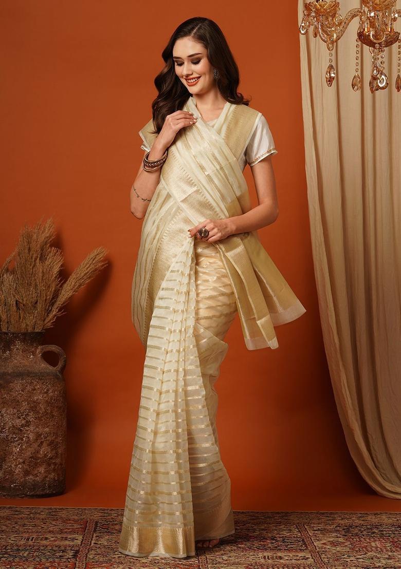 White Woven Design Organza Saree Set - Indya
