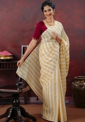 Cream Striped Cotton Saree Set
