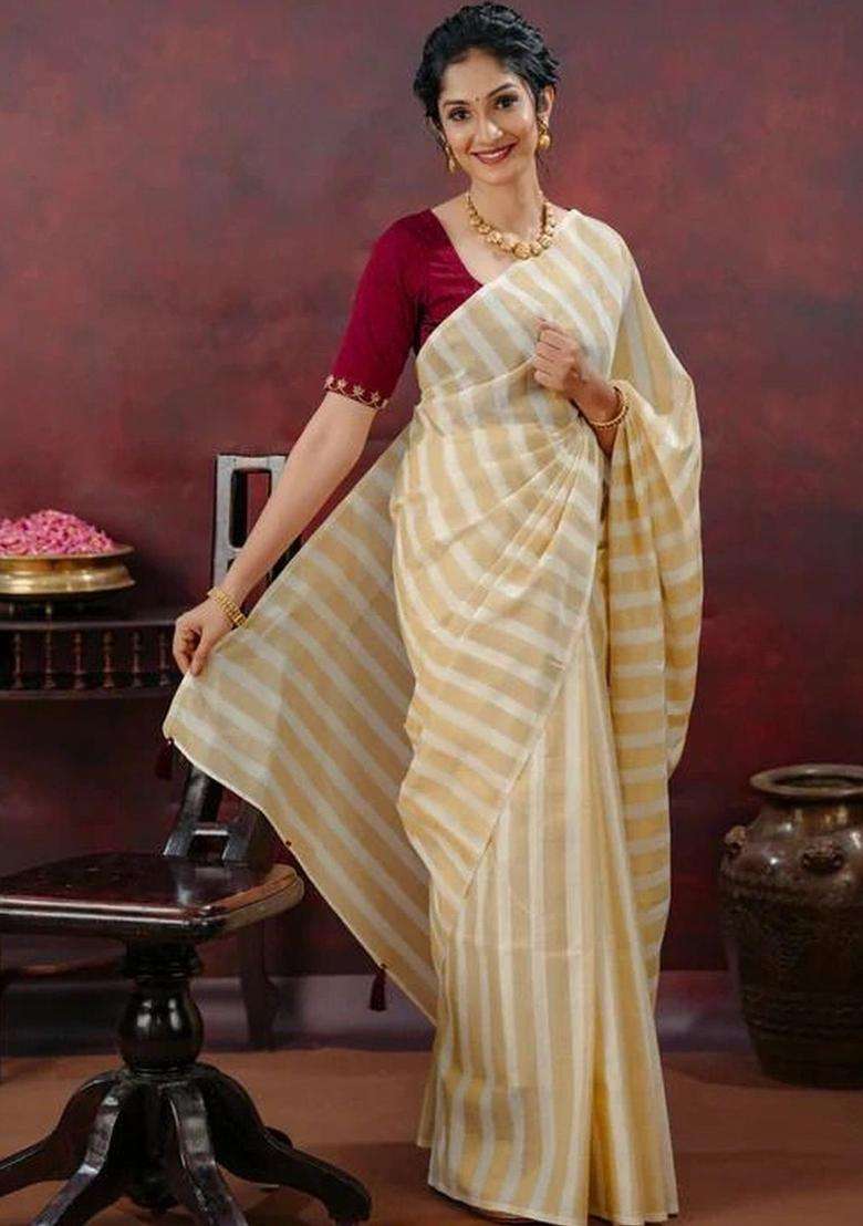 Cream Striped Cotton Saree Set for Diwali and Festive Wear - Indya