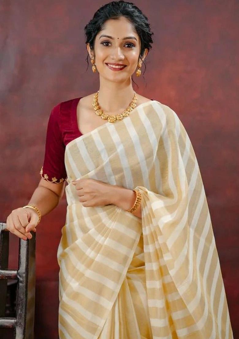 Cream Striped Cotton Saree Set - Indya