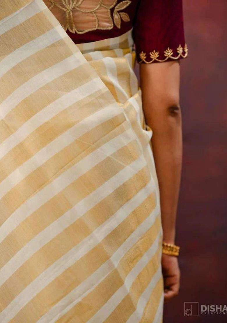 Cream Striped Cotton Saree Set for Diwali and Festive Wear - Indya