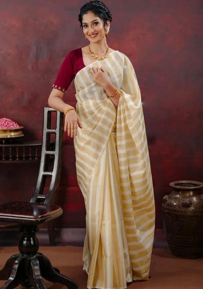 Cream Striped Cotton Saree Set - Indya