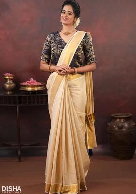 Off White Solid Cotton Saree Set