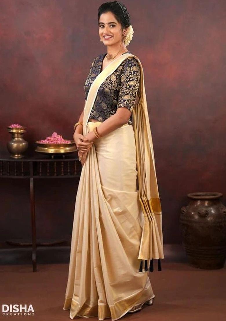 Off White Solid Cotton Saree Set - Indya