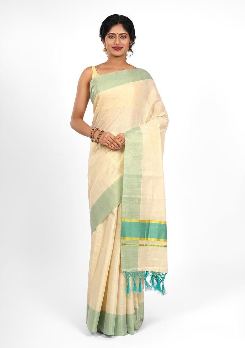Off White Solid Tissue Saree Set - Indya