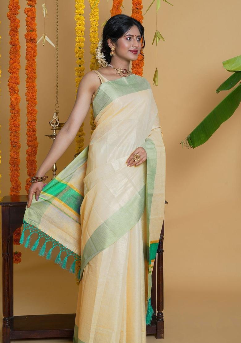 Off White Solid Tissue Saree Set - Indya