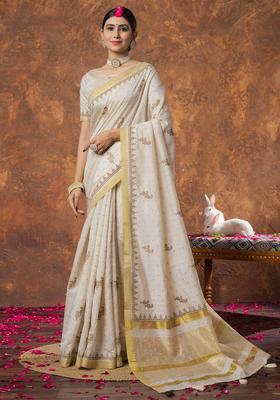 Cream Woven Design Linen Saree Set