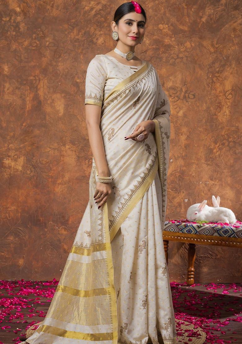 Cream Woven Design Linen Saree Set - Indya