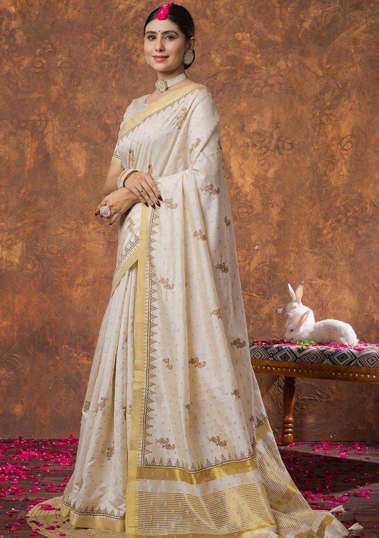 Cream Woven Design Linen Saree Set for Diwali and Festive Wear - Indya