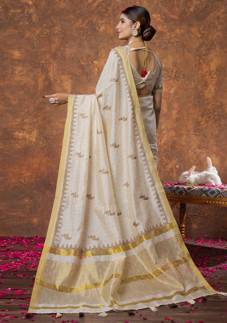 Cream Woven Design Linen Saree Set - Indya