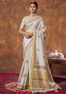 Cream Woven Design Linen Saree Set
