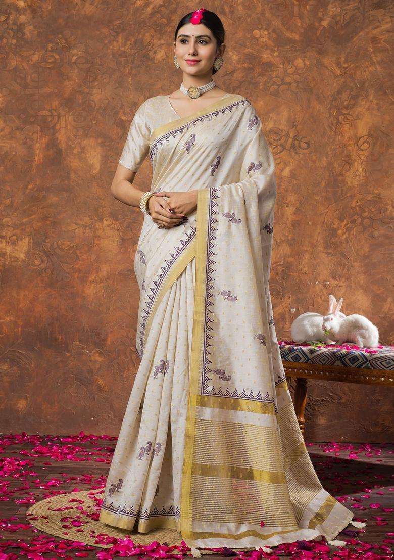 Cream Woven Design Linen Saree Set for Diwali | Wedding & Festive Wear - Indya