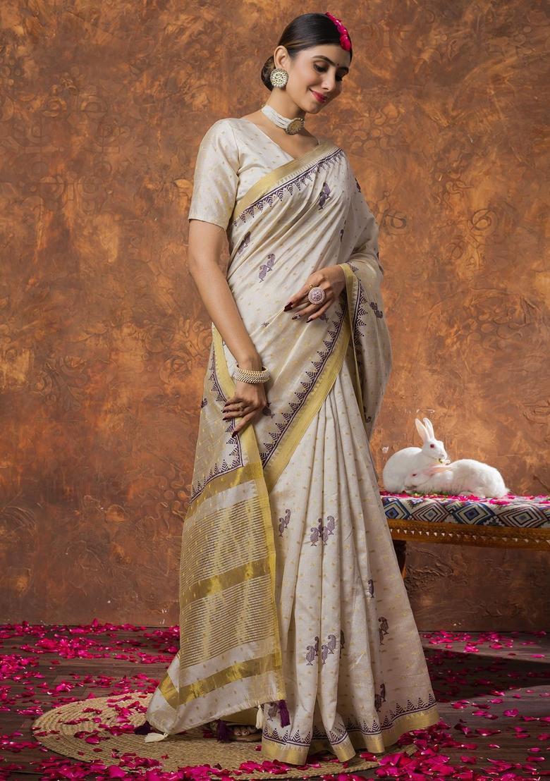 Cream Woven Design Linen Saree Set - Indya