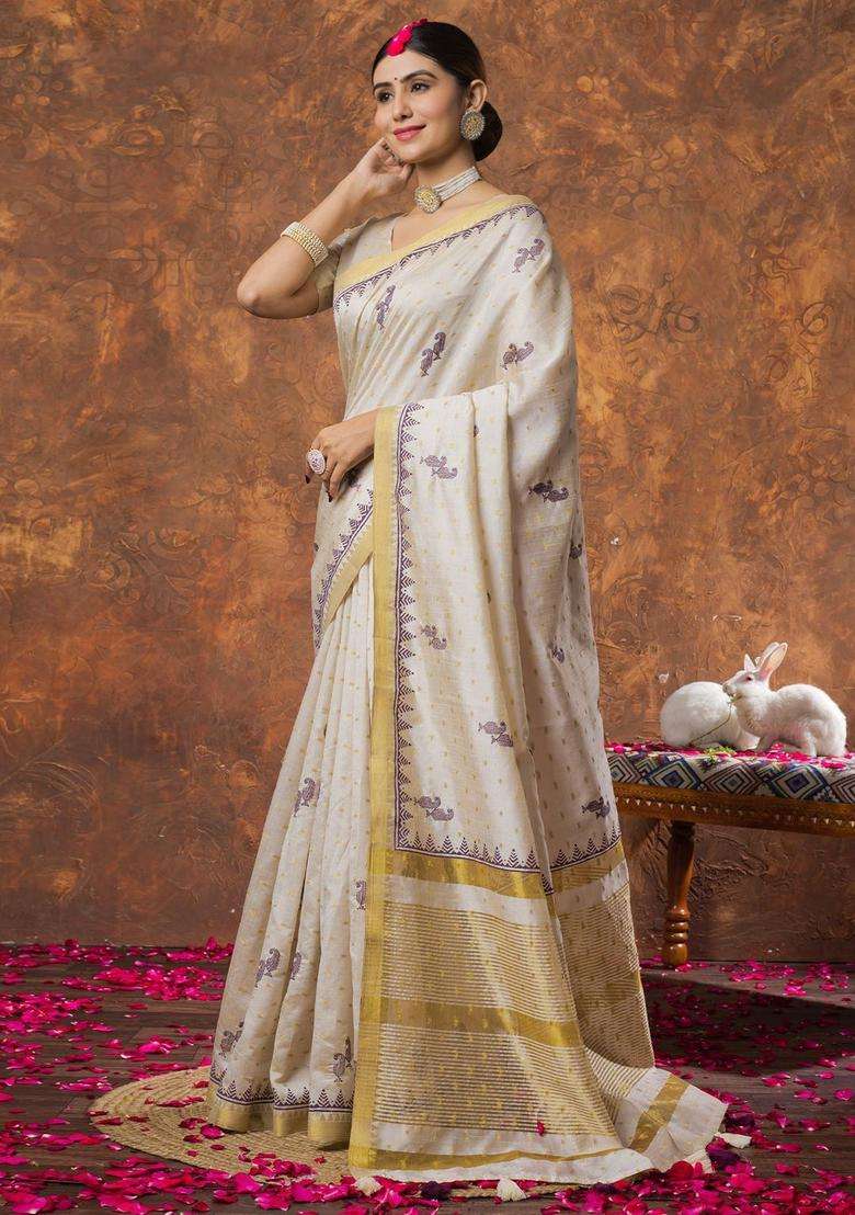 Cream Woven Design Linen Saree Set for Diwali | Wedding & Festive Wear - Indya