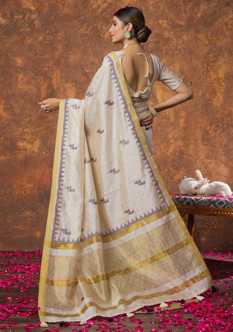 Cream Woven Design Linen Saree Set - Indya