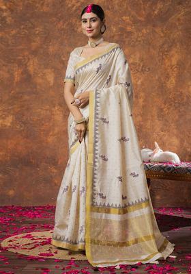 Cream Woven Design Linen Saree Set