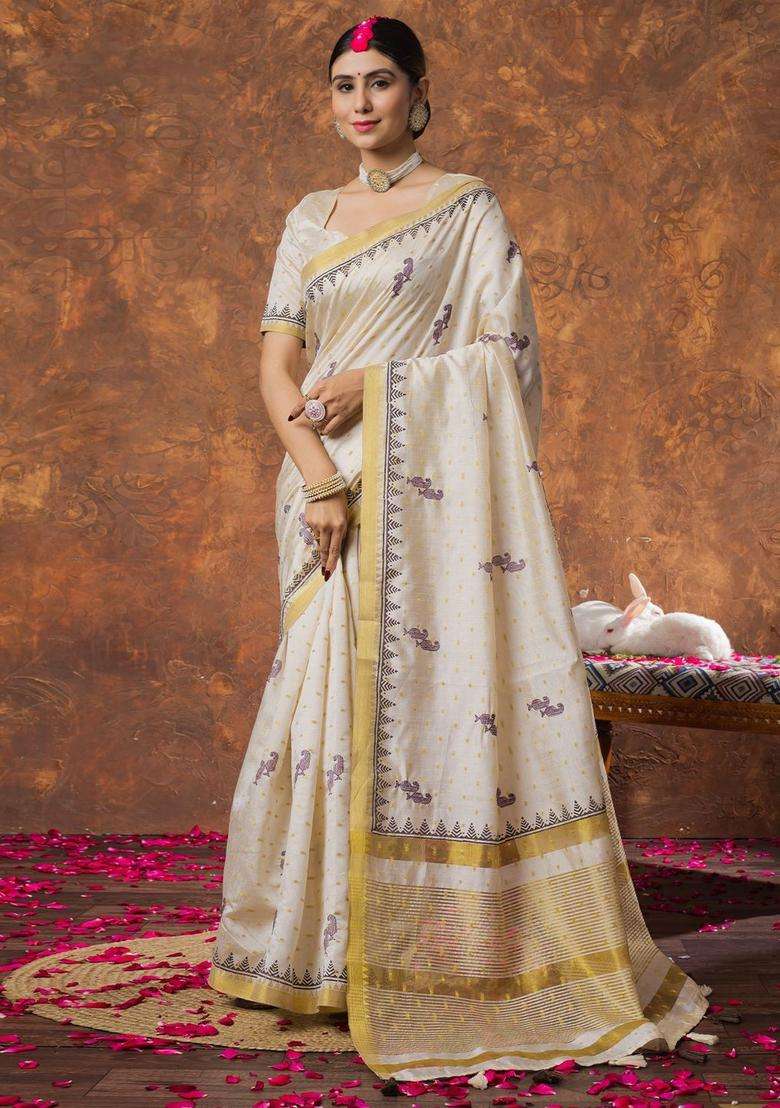 Cream Woven Design Linen Saree Set for Diwali and Festive Wear - Indya