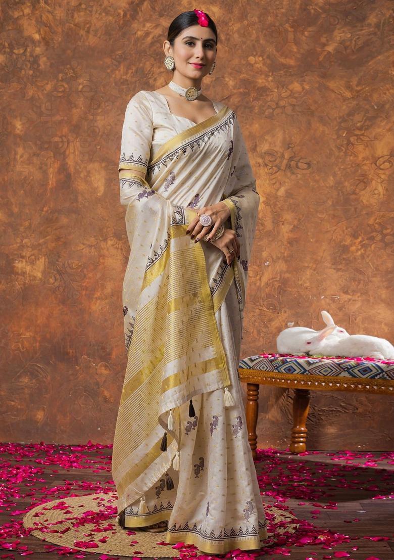 Cream Woven Design Linen Saree Set - Indya
