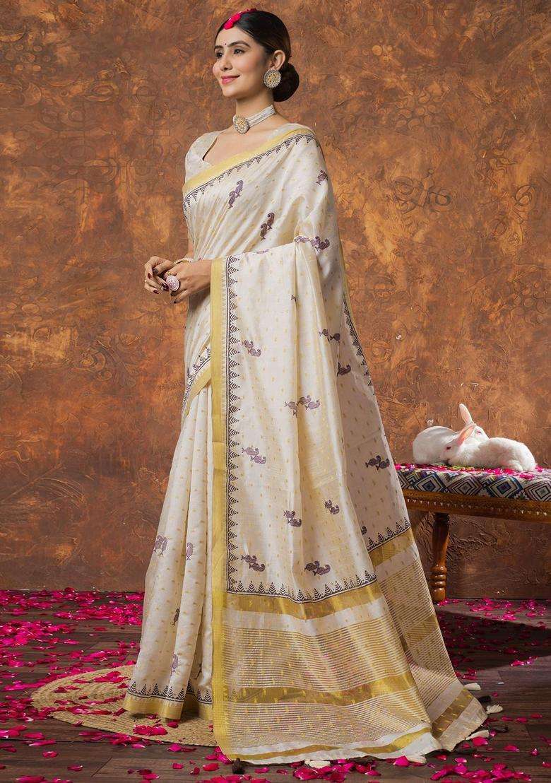 Cream Woven Design Linen Saree Set for Diwali and Festive Wear - Indya