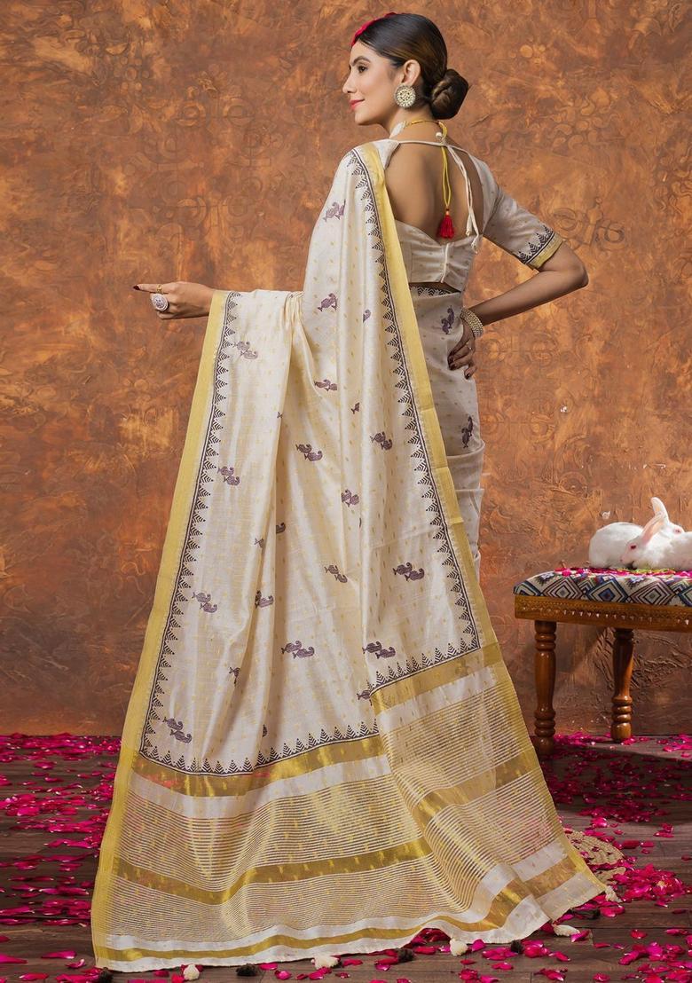 Cream Woven Design Linen Saree Set - Indya
