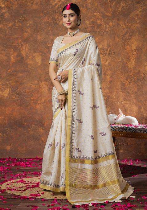 Cream Woven Design Linen Saree Set for Diwali and Festive Wear