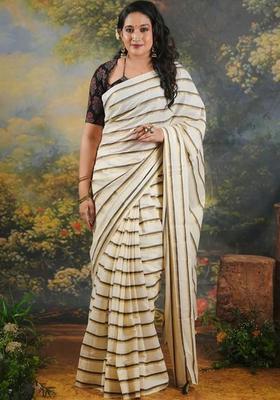 Off White Striped Cotton Saree Set