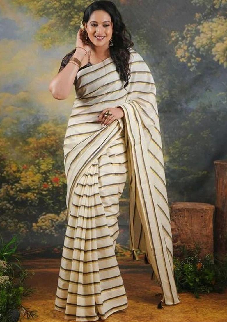 Off White Striped Cotton Saree Set - Indya