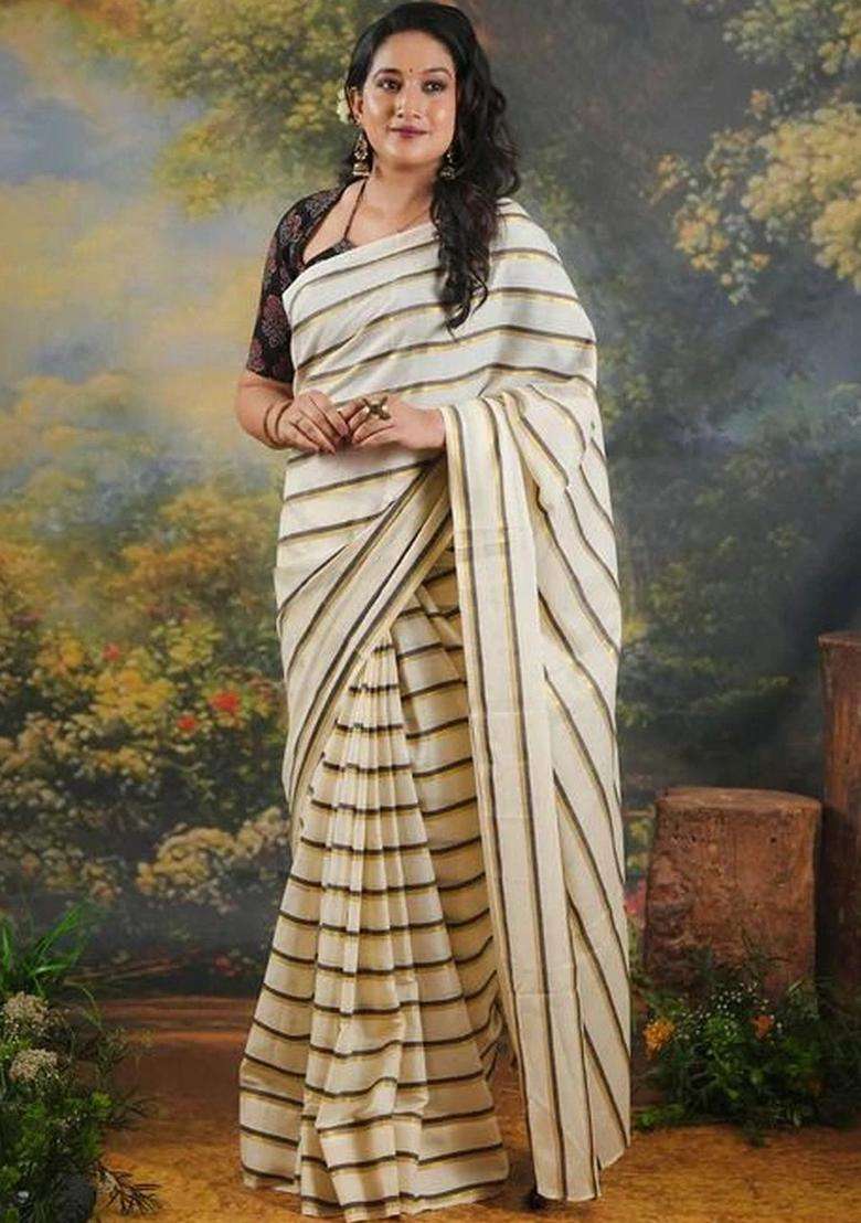 Off White Striped Cotton Saree Set for Diwali | Wedding & Festive Wear - Indya