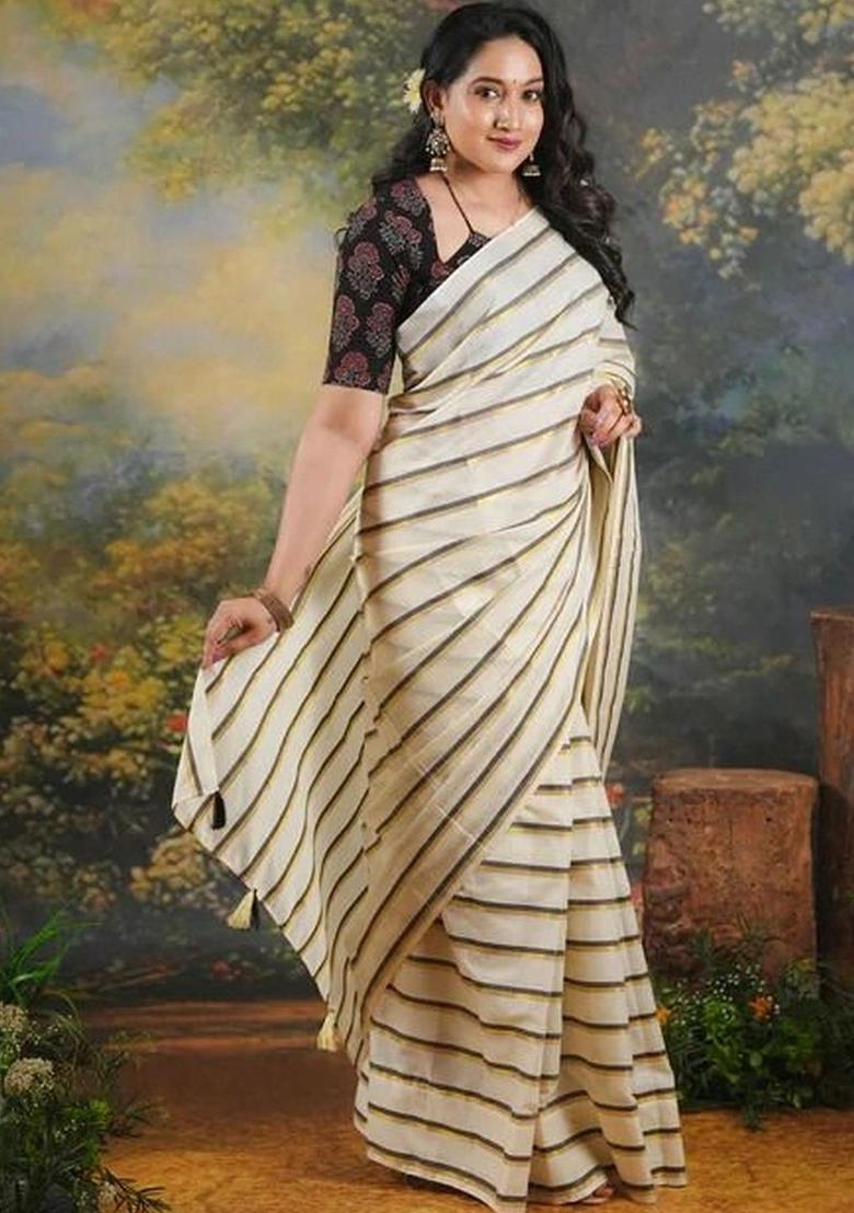 Off White Striped Cotton Saree Set - Indya