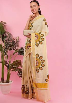 Cream Cotton Saree Set