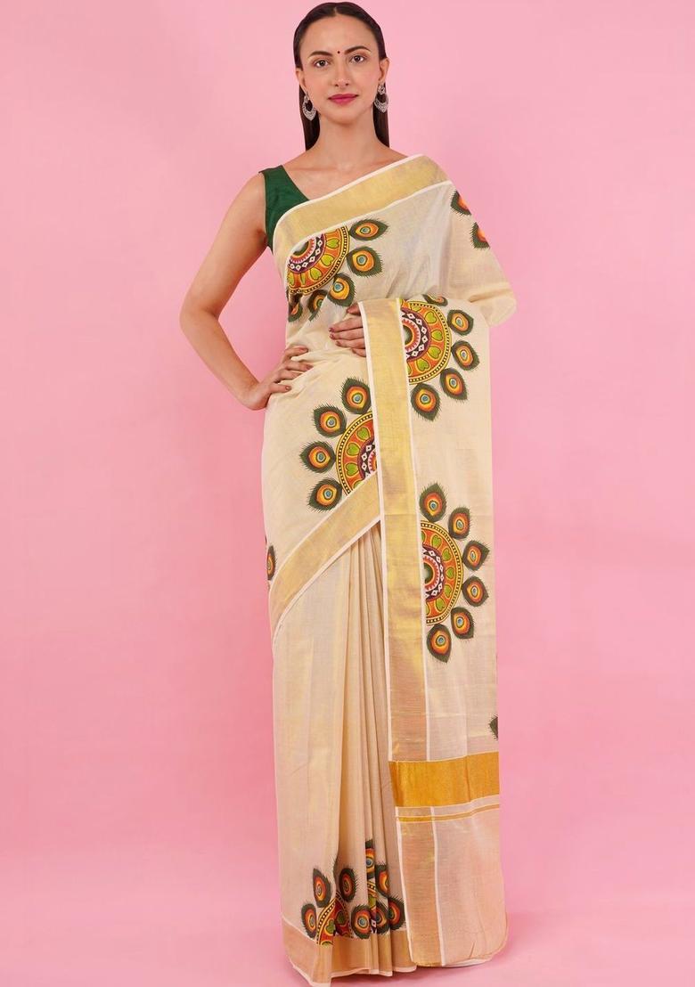 Cream Cotton Saree Set - Indya