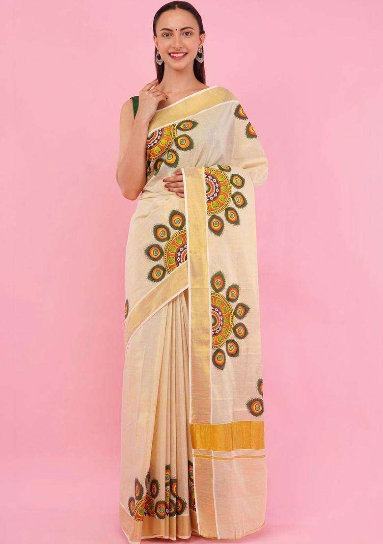 Cream Cotton Saree Set for Diwali and Festive Wear - Indya