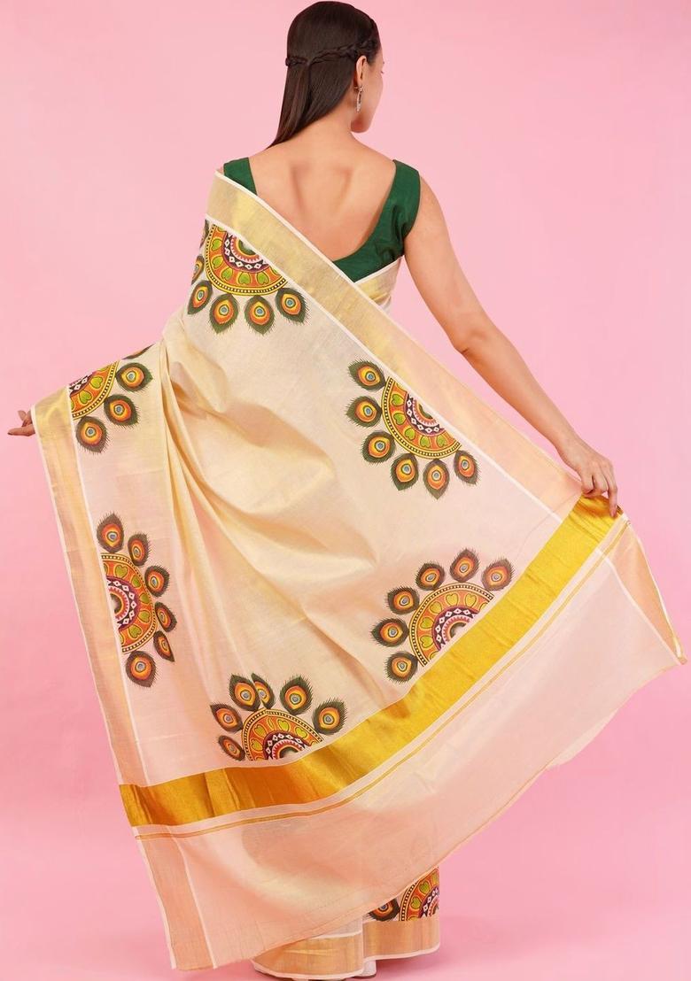 Cream Cotton Saree Set - Indya