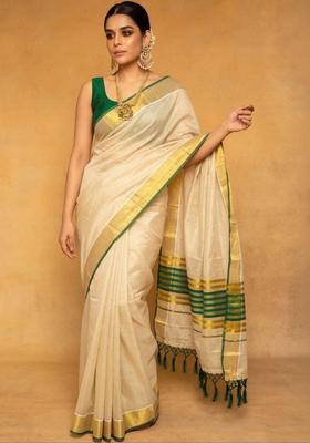 Off White Striped Tissue Saree Set
