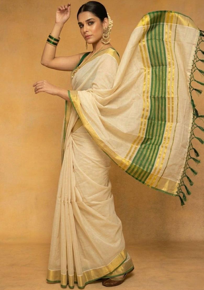 Off White Striped Tissue Saree Set - Indya