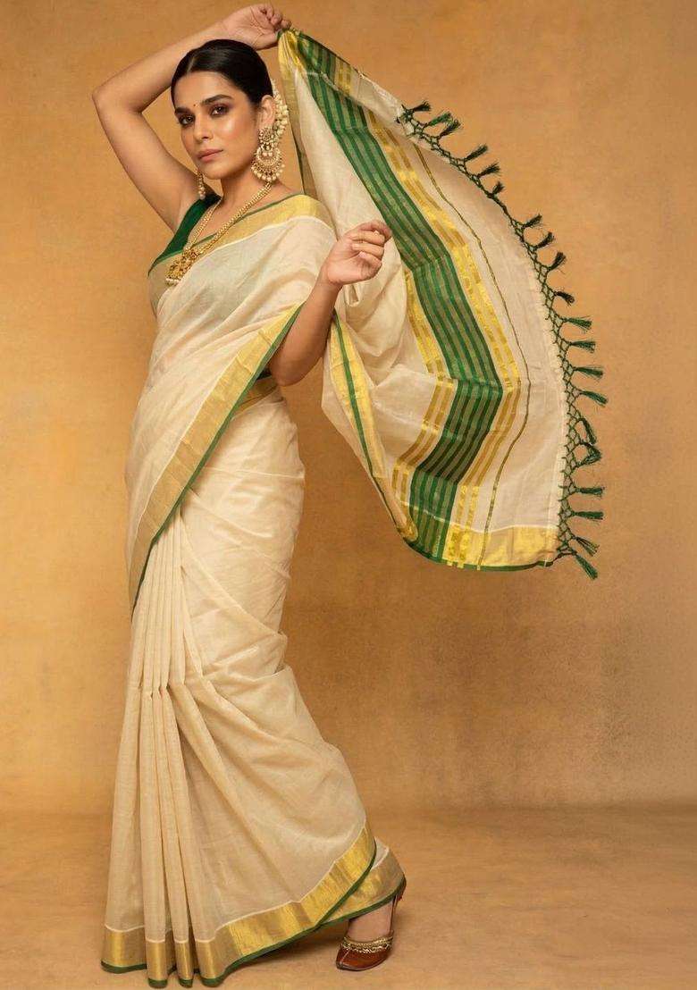 Off White Striped Tissue Saree Set for Diwali | Wedding & Festive Wear - Indya