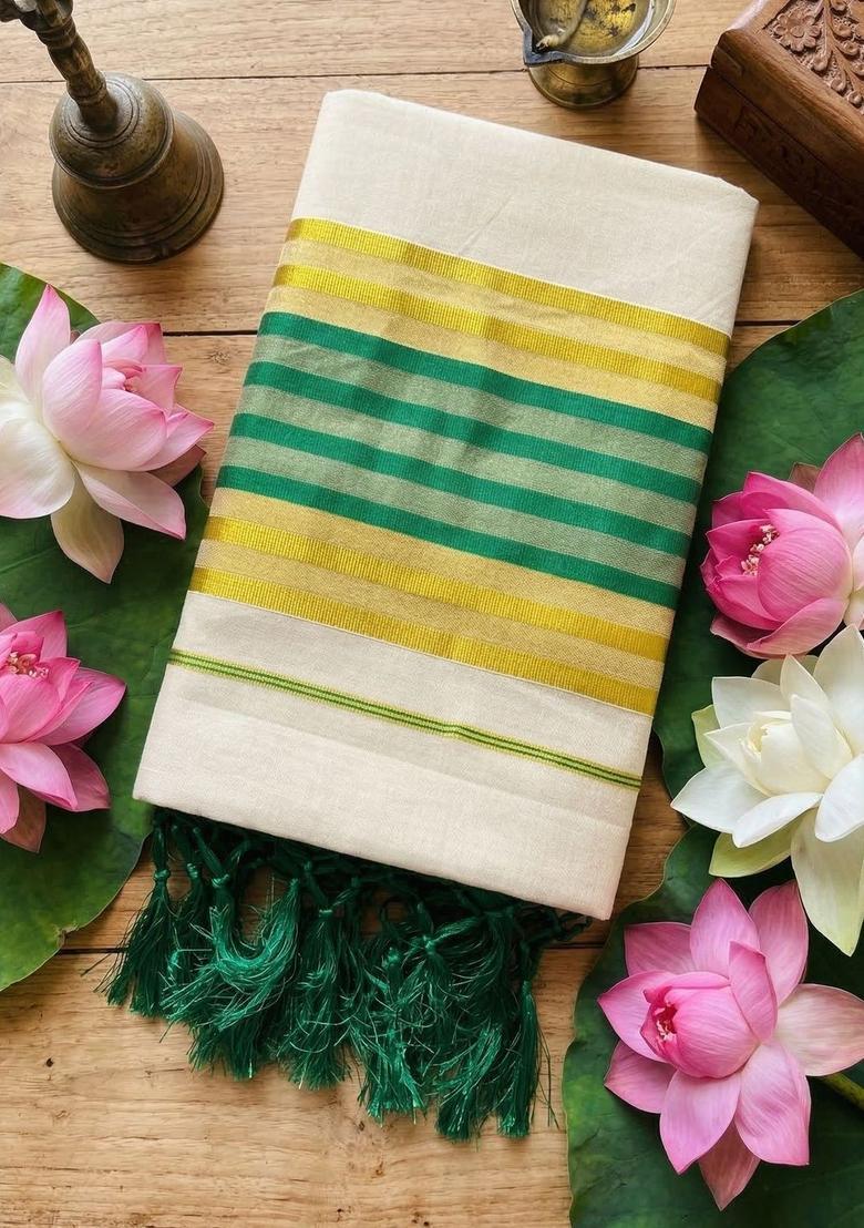 Off White Striped Tissue Saree Set - Indya