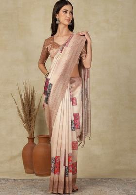 Beige Woven Design Cotton Saree Set