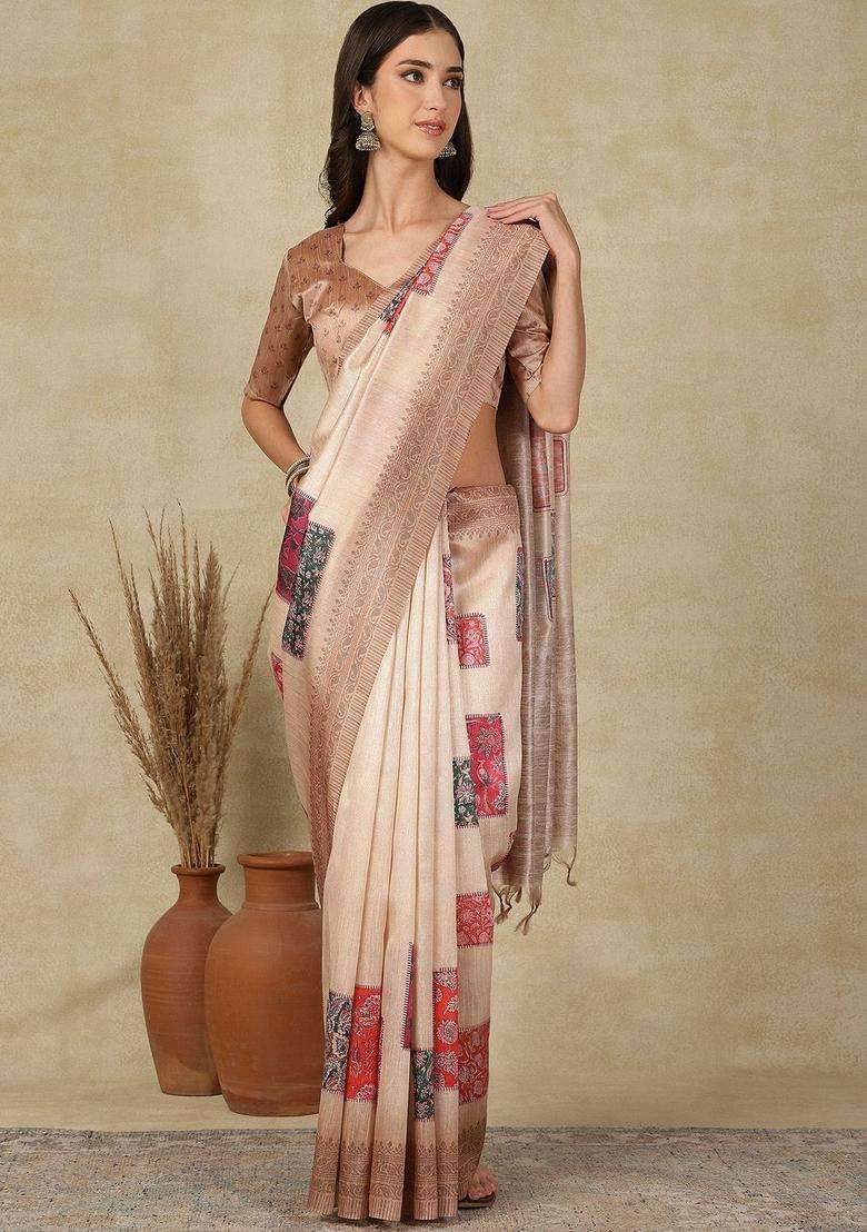 Beige Woven Design Cotton Saree Set for Diwali and Festive Wear - Indya