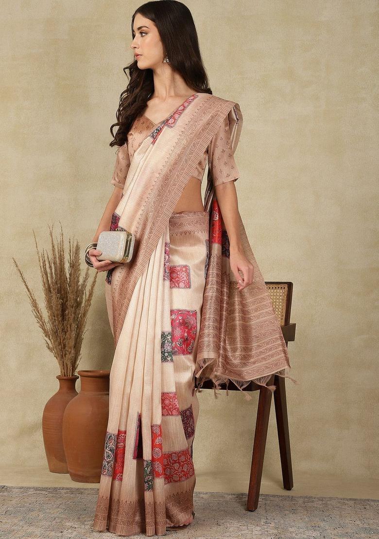 Beige Woven Design Cotton Saree Set - Indya