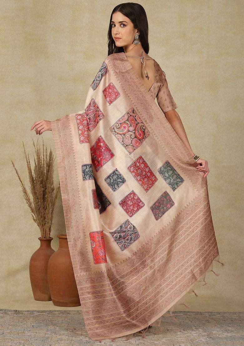 Beige Woven Design Cotton Saree Set for Diwali and Festive Wear - Indya
