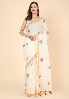 Off White Printed Cotton Saree Set