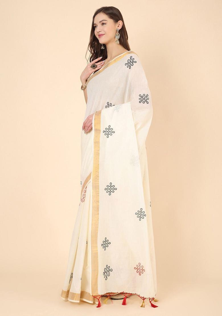 Off White Printed Cotton Saree Set - Indya