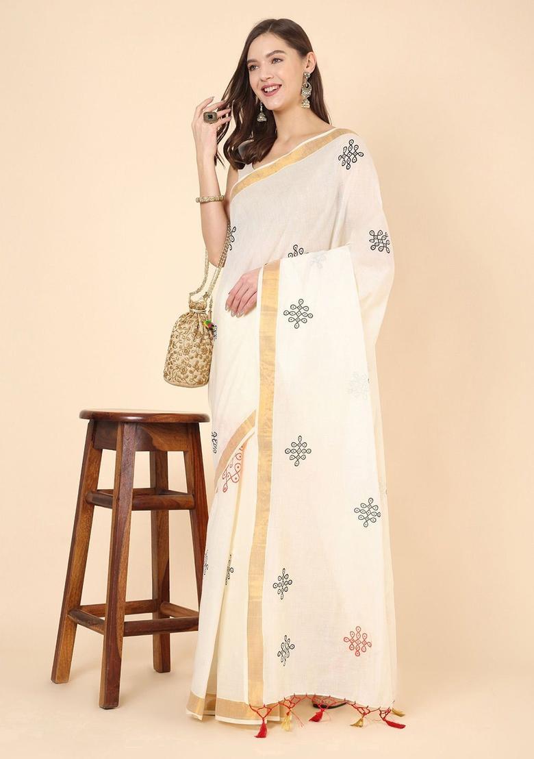 Off White Printed Cotton Saree Set - Indya