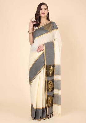 Off White Solid Cotton Saree Set
